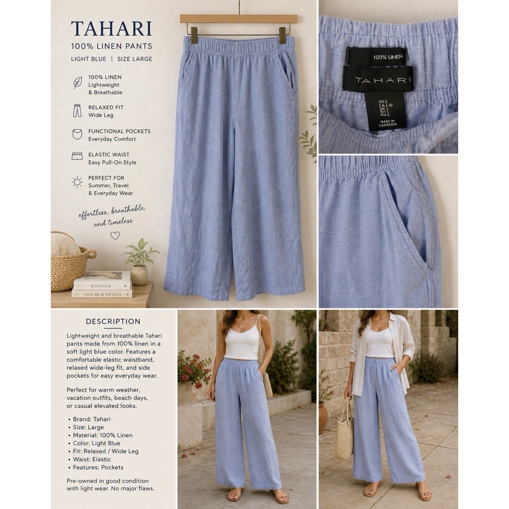 Tahari 100% Linen Pants Womens Large Light Blue Elastic Waist Wide Leg